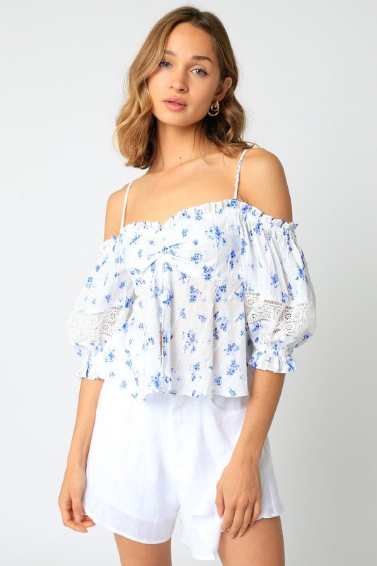 White and Blue Floral. Babydoll Top