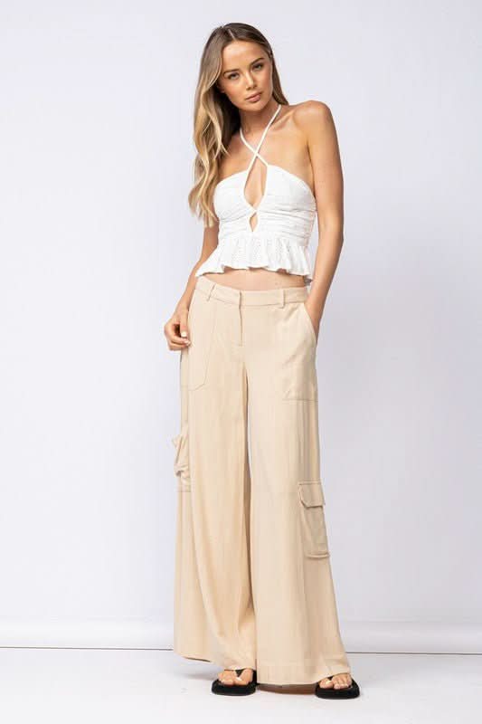 Beige Wide-Leg Linen Pants