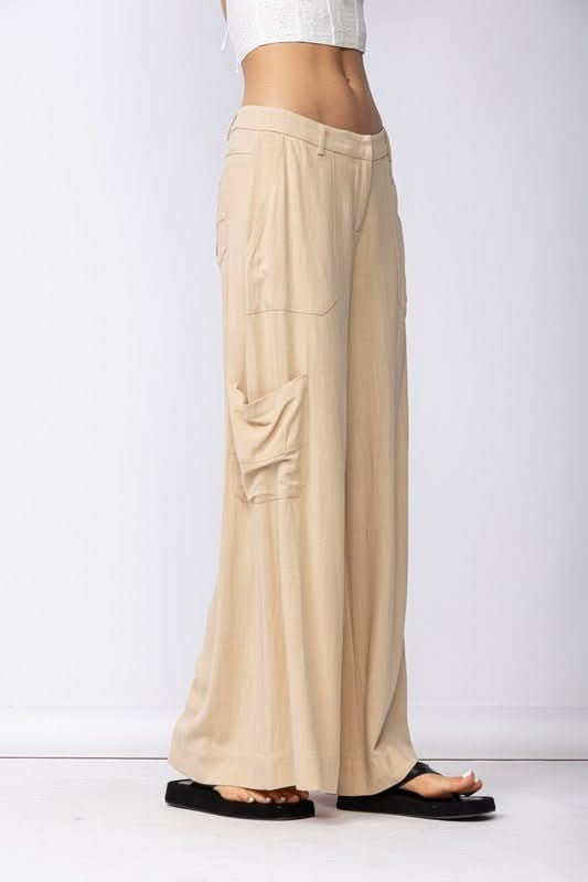 Beige Wide Leg Cargo Pants
