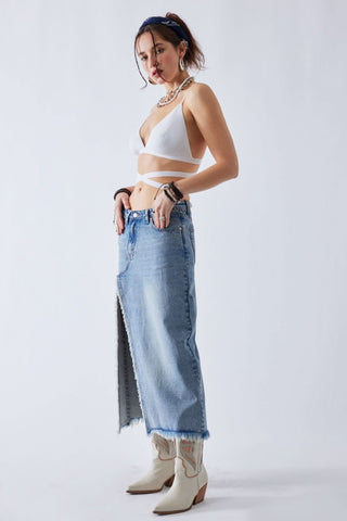 Arden Medium Wash Denim Midi Skirt side