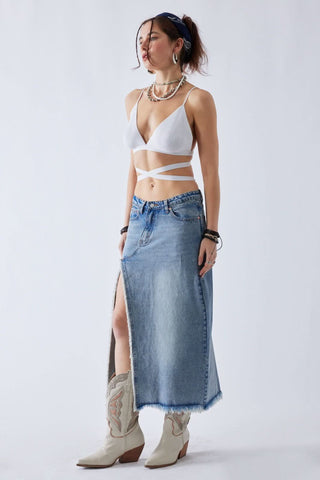Arden Medium Wash Denim Midi Skirt model view