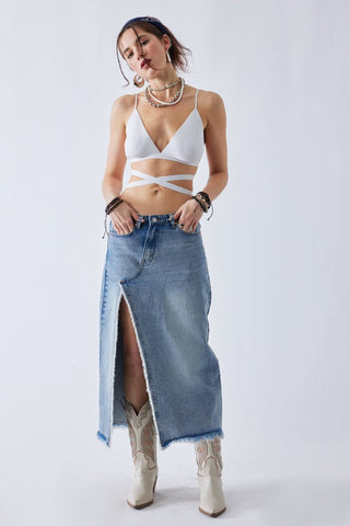 Arden Medium Wash Denim Midi Skirt styled wih cowboy boots