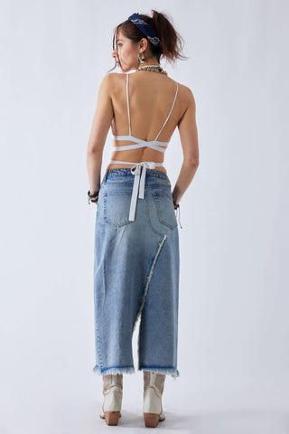Arden Medium Wash Denim Midi Skirt back view
