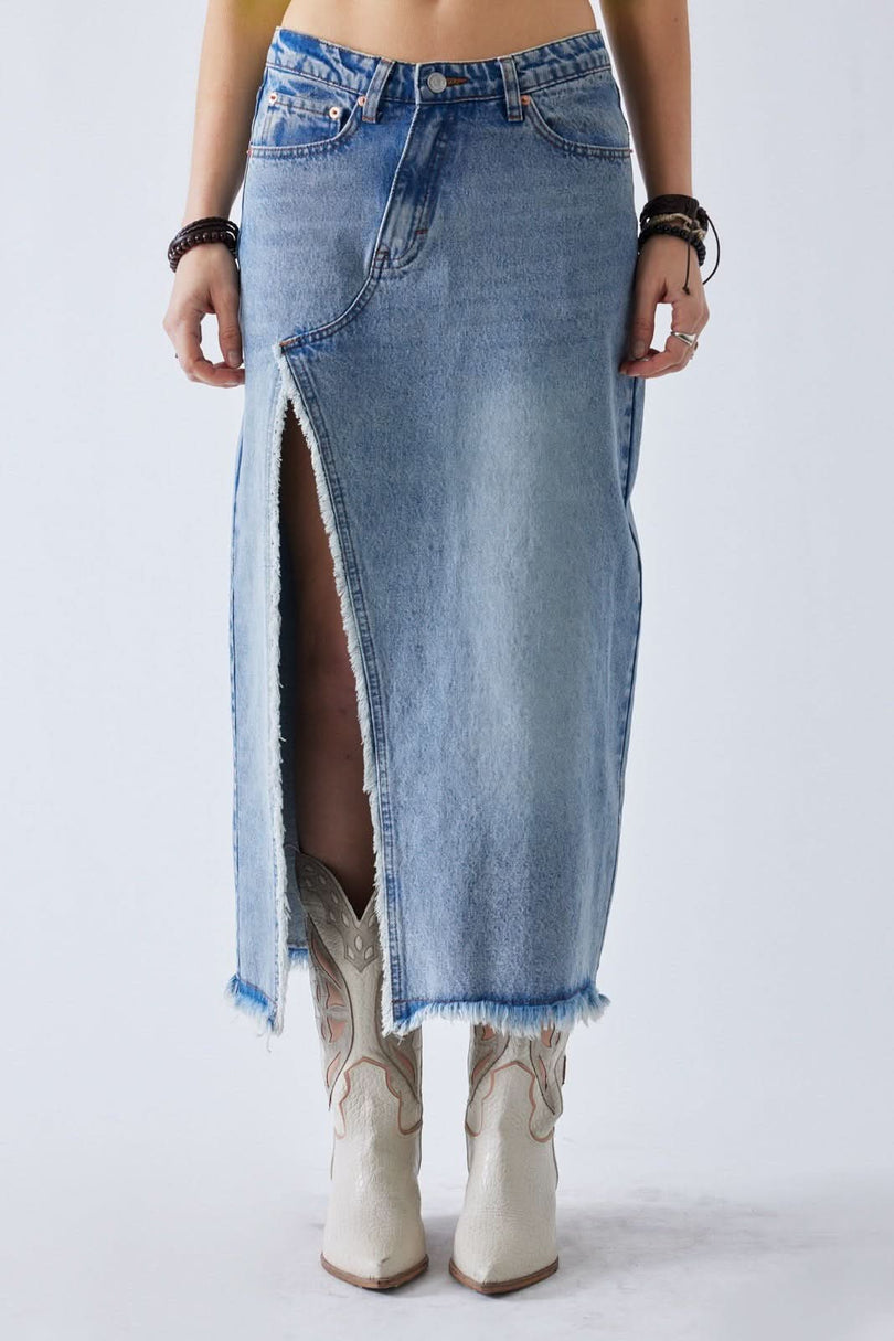 Denim Off Cent Slit Midi Skirt