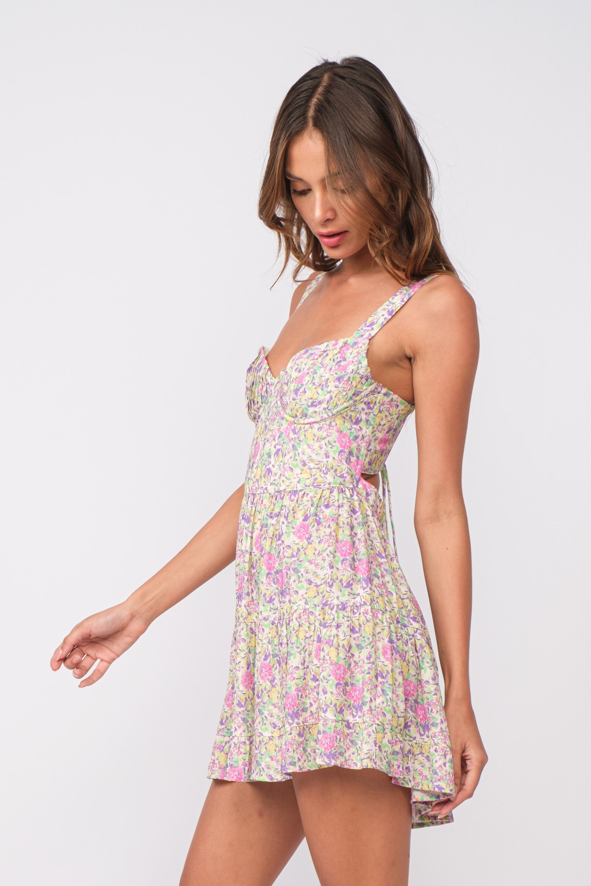 Purple Floral Print Dress - Corset Dress - Mini Dress | Boho Pink