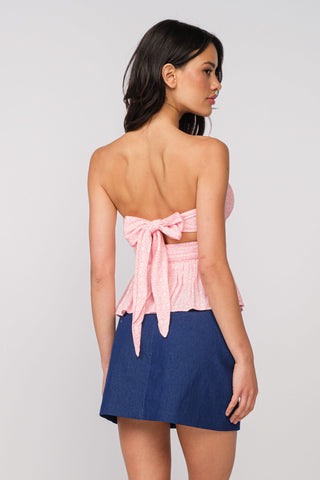 Amelia Light Pink Floral Strapless Top with a Dark Denim Mini Skir - Back View