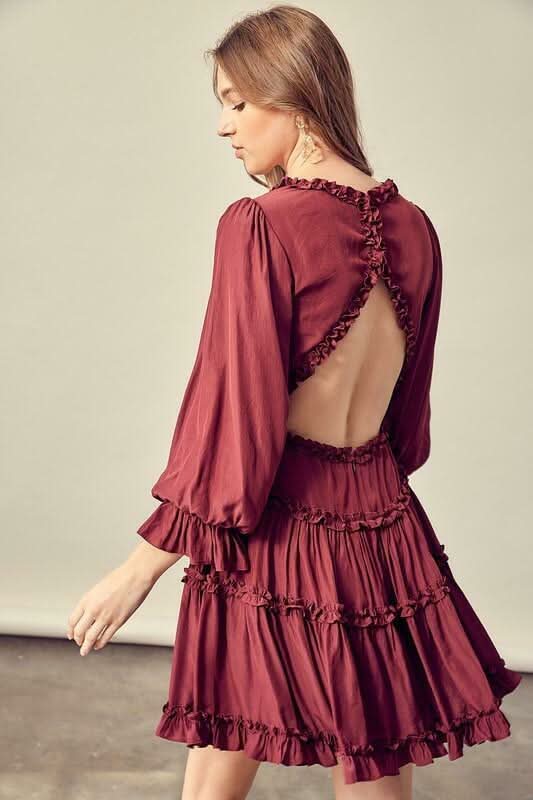 Burgundy Puff Sleeve Ruffle Mini Dress