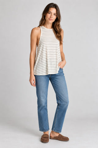 Walk The Line Ivory Striped Mock Neck Swing Top - Model View