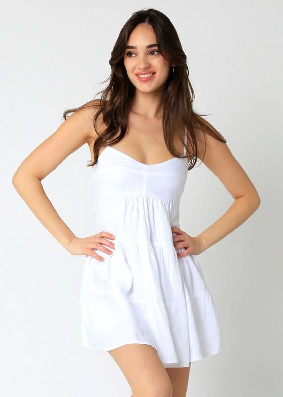 White Cami Empire Waist Tiered Mini Dress | Boho Pink White Cami Empire Waist Tiered Mini Dress | Boho Pink