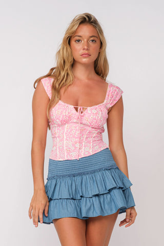 Selma Pink Floral Corset Top styled with a coastal cowgirl aesthetic