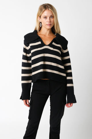 Addison Black and Khaki Striped Collared Sweater front
