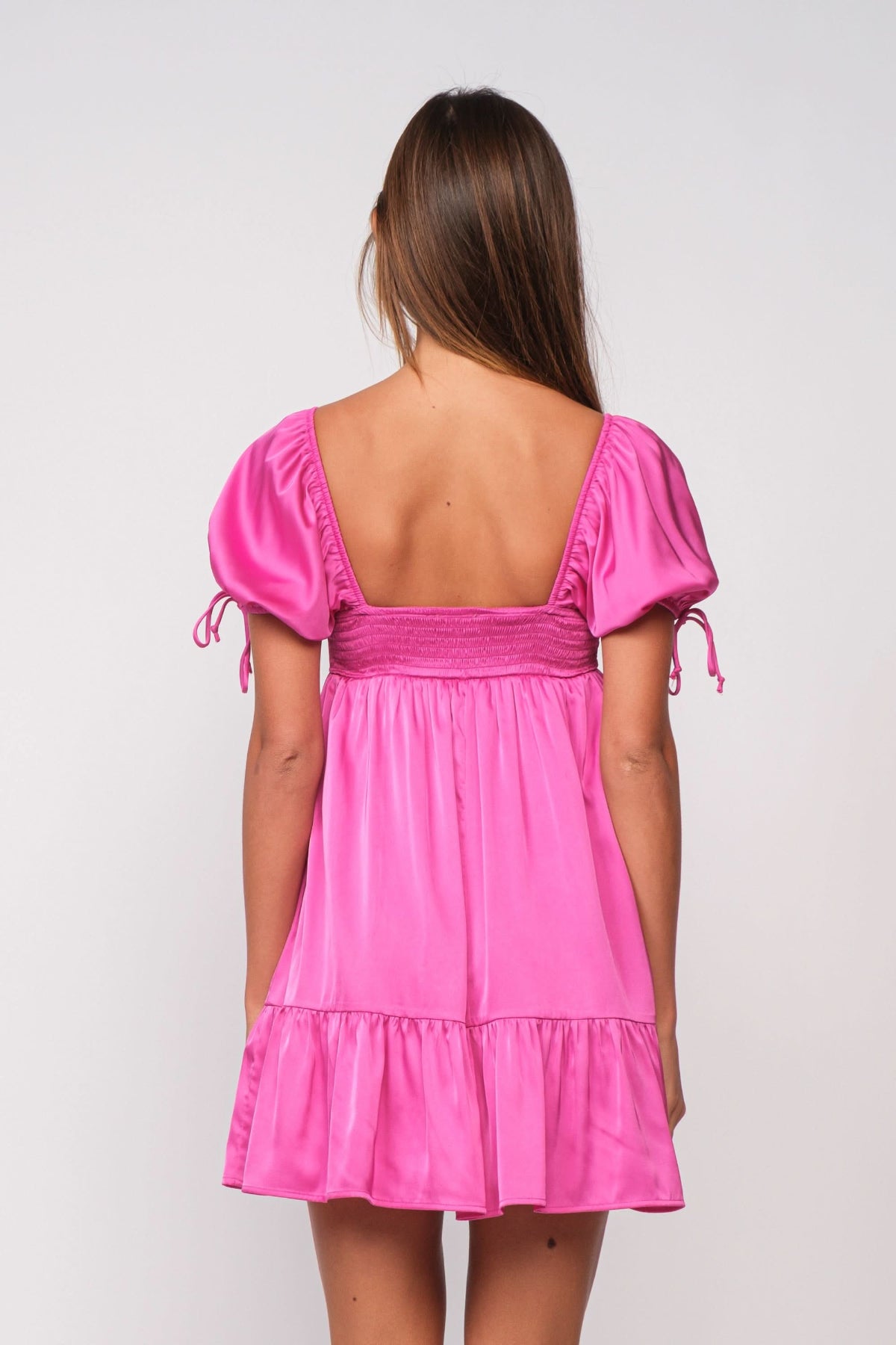 pink party dresses Addison Pink Puff-Sleeve Mini Dress by Sky To Moon - Satin Babydoll Style with Ruffle Hem