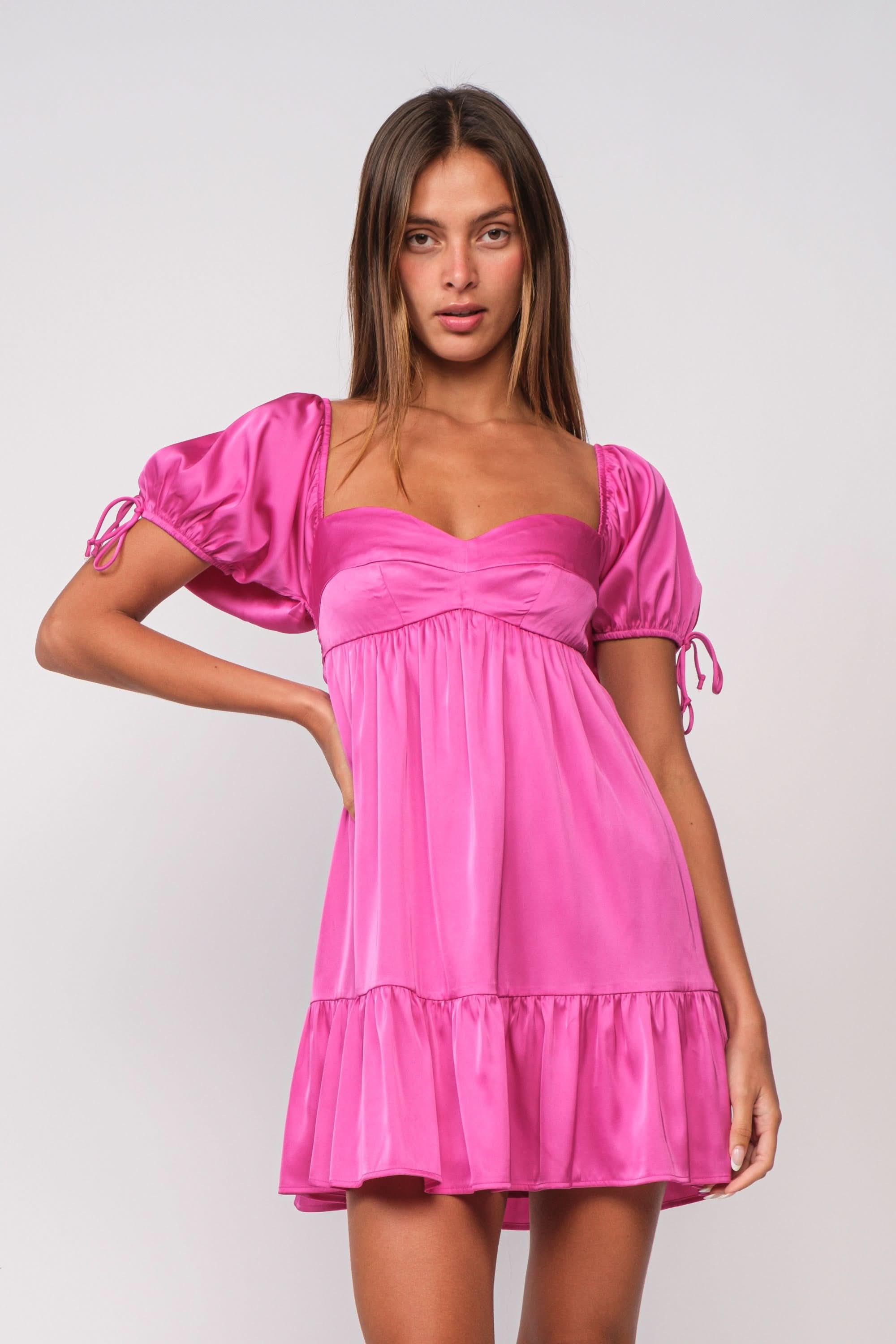 Pink Satin Puff-Sleeve Dress Babydoll Dress Boho Pink