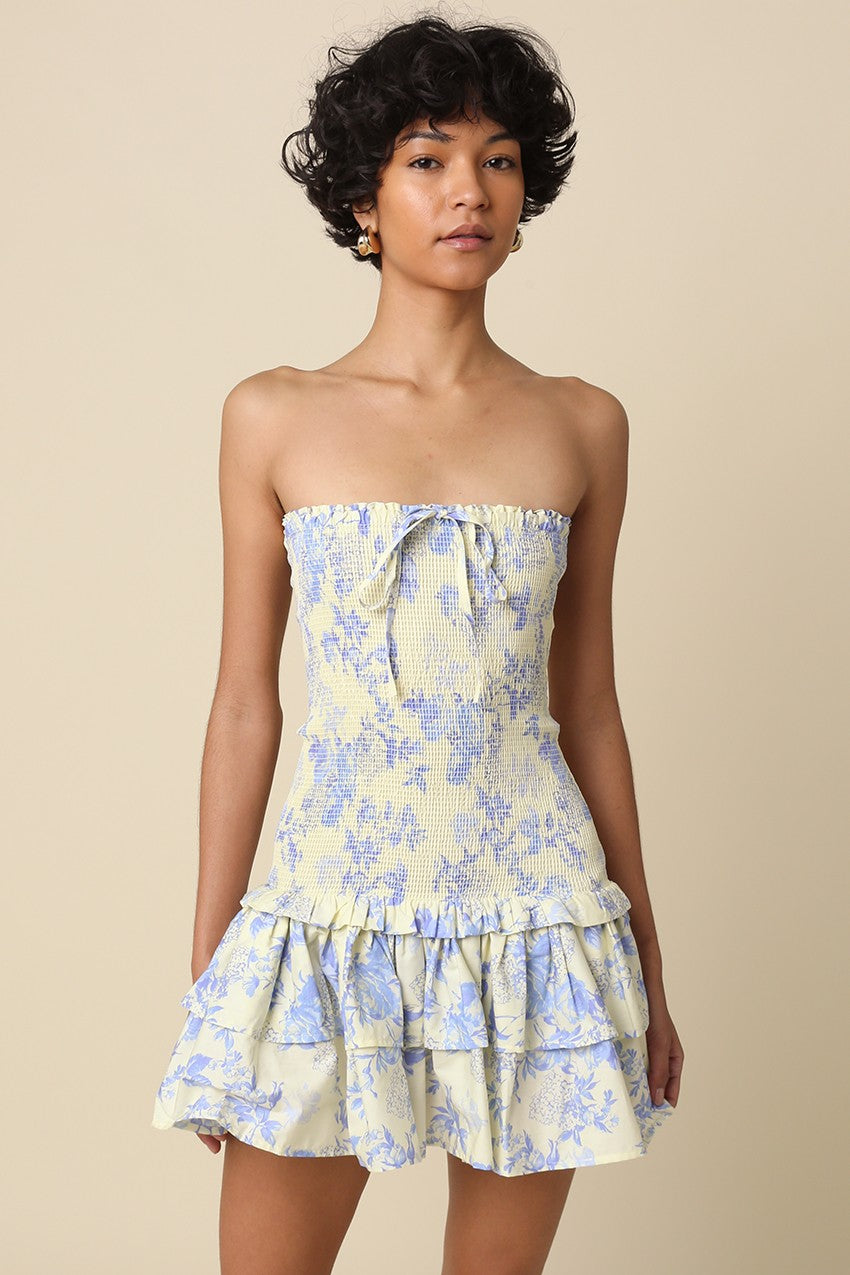 Aimee strapless smocked mini dress in a cream and blue floral print
