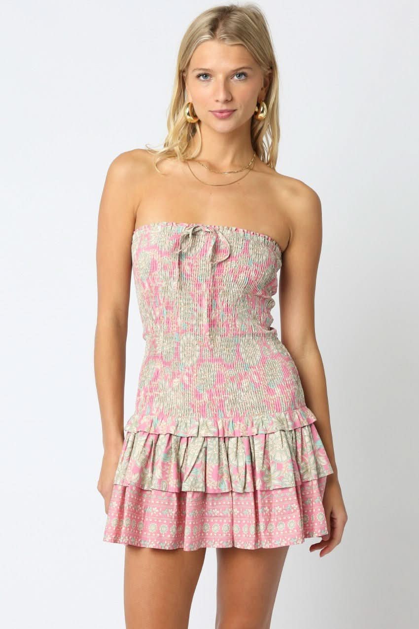 Light Pink Floral Strapless Ruffle Mini Dress | Boho Pink Light Pink Floral Strapless Ruffle Mini Dress | Boho Pink