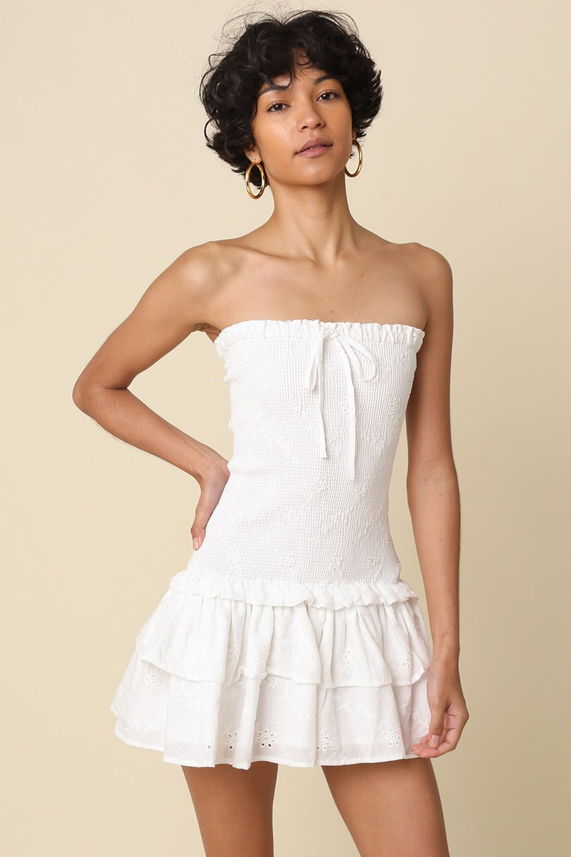 Aimee white eyelet strapless mini dress for graduation or summer vacation