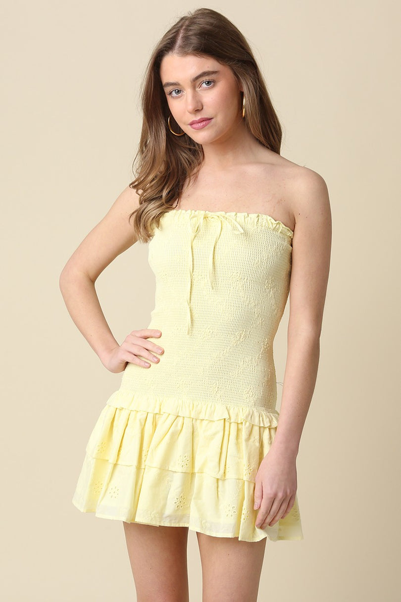 Aimee yellow eyelet strapless mini dress for summer vacation and brunch