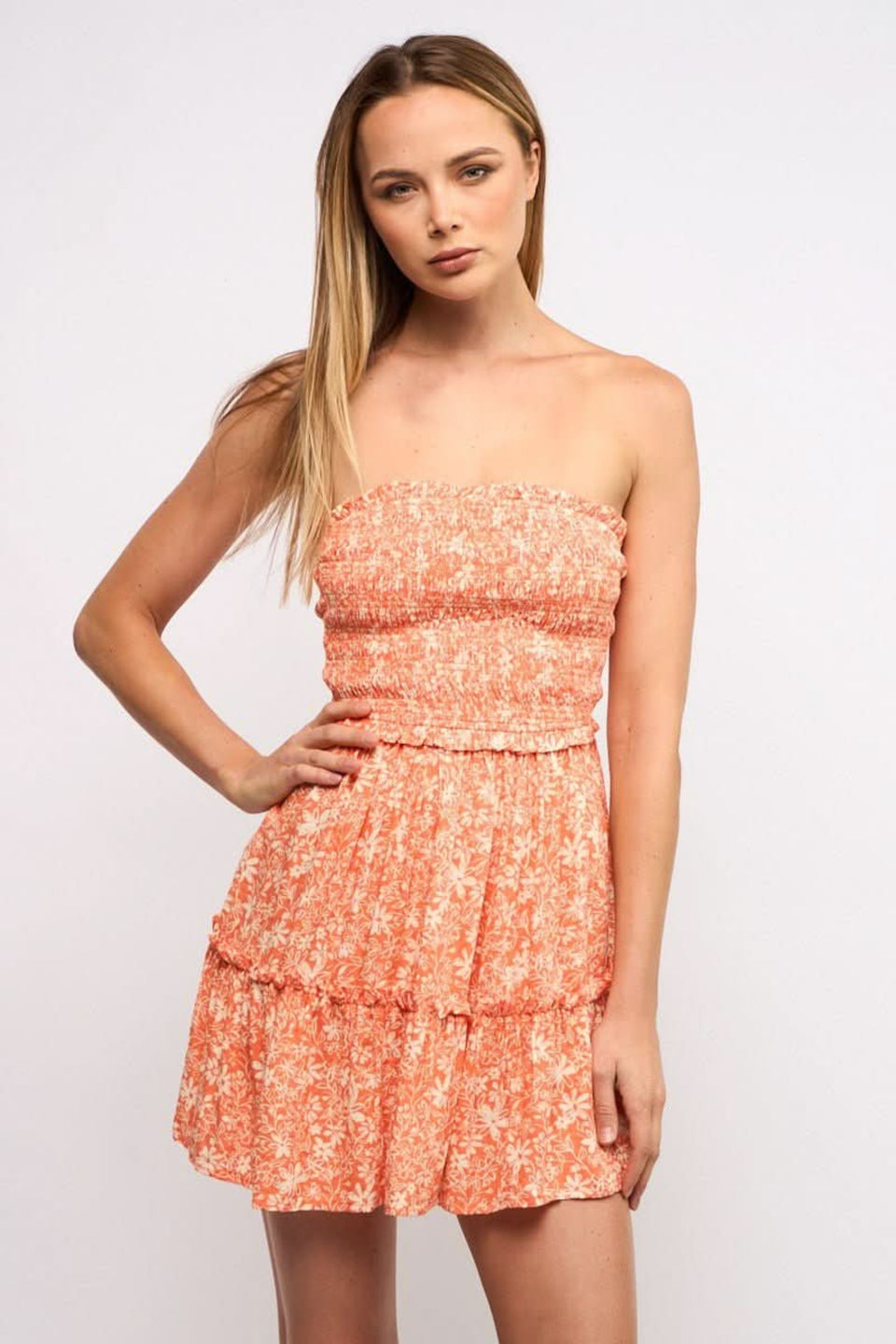 Orange Floral Strapless Mini Dress - Summer Smocked Fit and Flare - M Orange Floral Strapless Mini Dress - Summer Smocked Fit and Flare - M