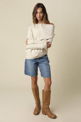 Alba Beige Asymmetric Off-Shoulder Dolman Knit Sweater - Coastal Cowgirl Style