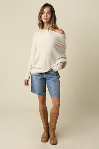 Alba Beige Asymmetric Off-Shoulder Dolman Knit Sweater - Outfit View