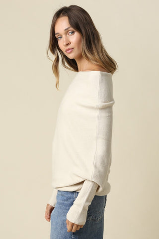 Alba Beige Asymmetric Off-Shoulder Dolman Knit Sweater - Side View