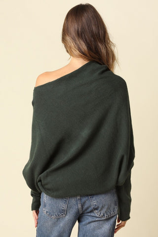 Alba Bottle Green Asymmetric Off-Shoulder Dolman Knit Sweater - Back View