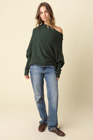 Alba Bottle Green Asymmetric Off-Shoulder Dolman Knit Sweater - Boho Style