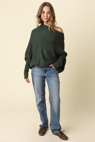 Alba Bottle Green Asymmetric Off-Shoulder Dolman Knit Sweater - Fall Outfits Style