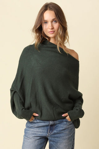 Alba Bottle Green Asymmetric Off-Shoulder Dolman Knit Sweater - Front View