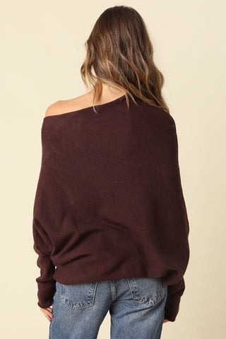 Alba Brown Asymmetric Off-Shoulder Dolman Knit Sweater - Back View