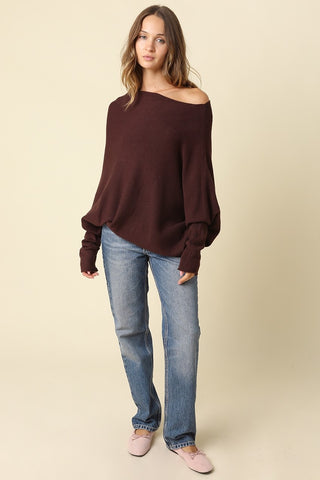 Alba Brown Asymmetric Off-Shoulder Dolman Knit Sweater - Boho Style