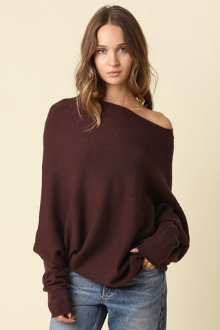 Alba Brown Asymmetric Off-Shoulder Dolman Knit Sweater - Front View