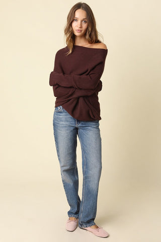 Alba Brown Asymmetric Off-Shoulder Dolman Knit Sweater - Outfit View