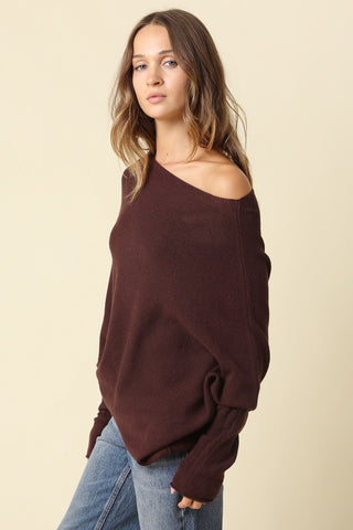 Alba Brown Asymmetric Off-Shoulder Dolman Knit Sweater - Side View