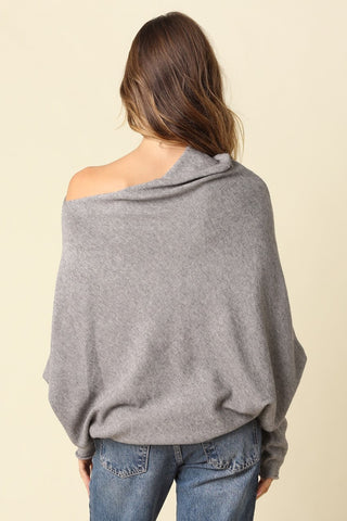 Alba Grey Asymmetric Off-Shoulder Dolman Knit Sweater - Back View