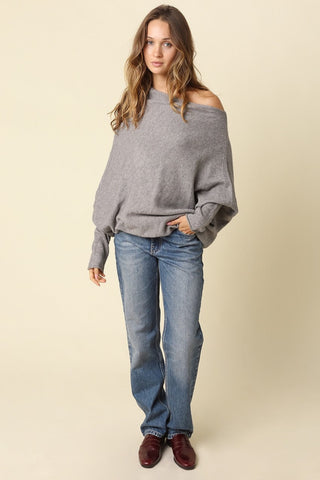 Alba Grey Asymmetric Off-Shoulder Dolman Knit Sweater - Boho Chic Style