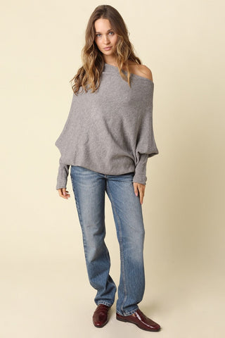 Alba Grey Asymmetric Off-Shoulder Dolman Knit Sweater - Outfit View