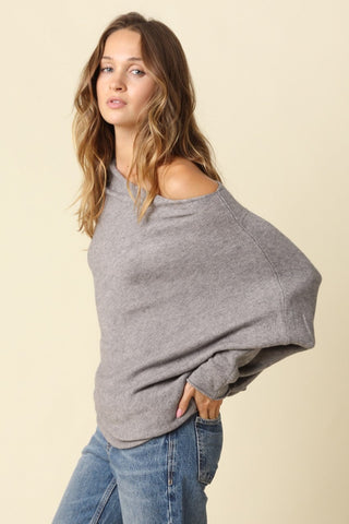 Alba Grey Asymmetric Off-Shoulder Dolman Knit Sweater - Side View