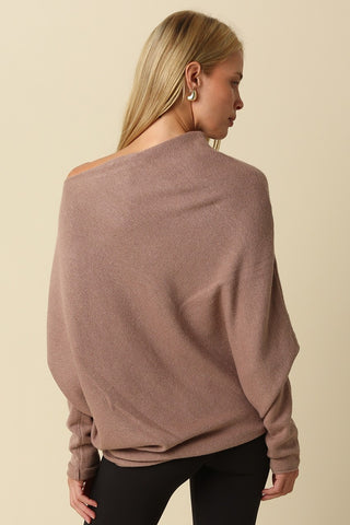 Alba Mocha Asymmetric Off-Shoulder Dolman Knit Sweater - Back View