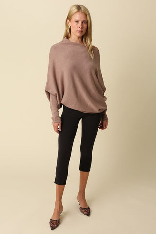 Alba Mocha Asymmetric Off-Shoulder Dolman Knit Sweater - Boho Chic