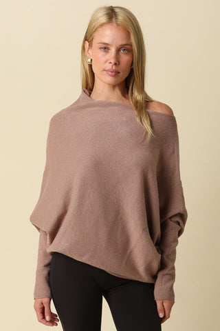 Alba Mocha Asymmetric Off-Shoulder Dolman Knit Sweater - Front View
