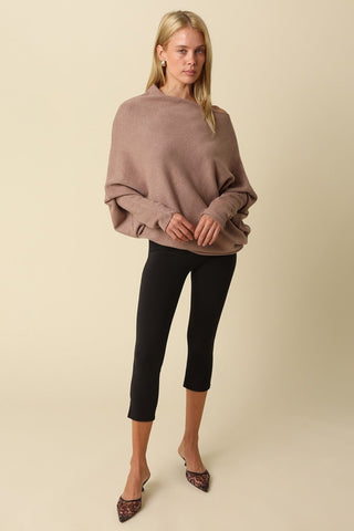 Alba Mocha Asymmetric Off-Shoulder Dolman Knit Sweater - Outfit View