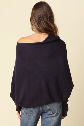 Alba Navy Asymmetric Off-Shoulder Dolman Knit Sweater - Back View