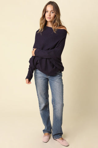 Alba Navy Asymmetric Off-Shoulder Dolman Knit Sweater - Boho Style