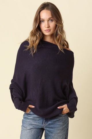 Alba Navy Asymmetric Off-Shoulder Dolman Knit Sweater - Front View