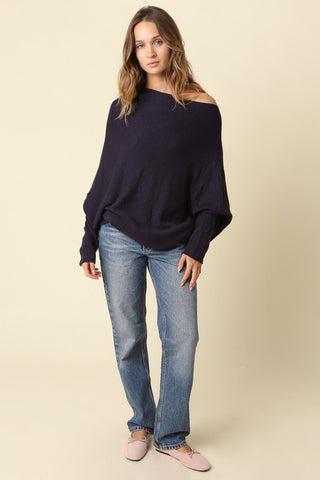 Alba Navy Asymmetric Off-Shoulder Dolman Knit Sweater - Front View