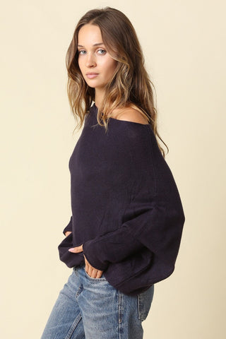 Alba Navy Asymmetric Off-Shoulder Dolman Knit Sweater - Side View