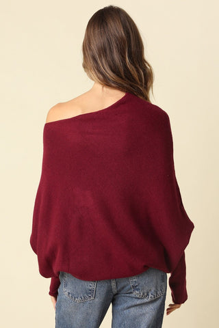 Alba Wine Asymmetric Off-Shoulder Dolman Knit Sweater - Back View