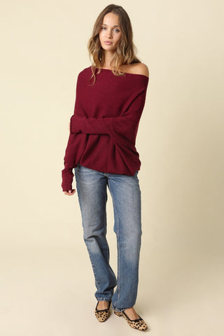 Alba Wine Asymmetric Off-Shoulder Dolman Knit Sweater - Boho Chic Style
