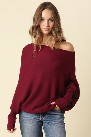 Alba Wine Asymmetric Off-Shoulder Dolman Knit Sweater - Front View